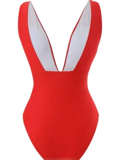 Clearance Retro Stage 1960s Solid 3D Flower Backless Swimsuit Red