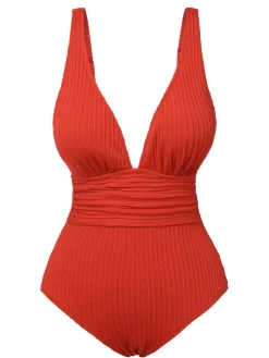 Sale Retro Stage 1950s Solid Deep V One-Piece Swimsuit Red