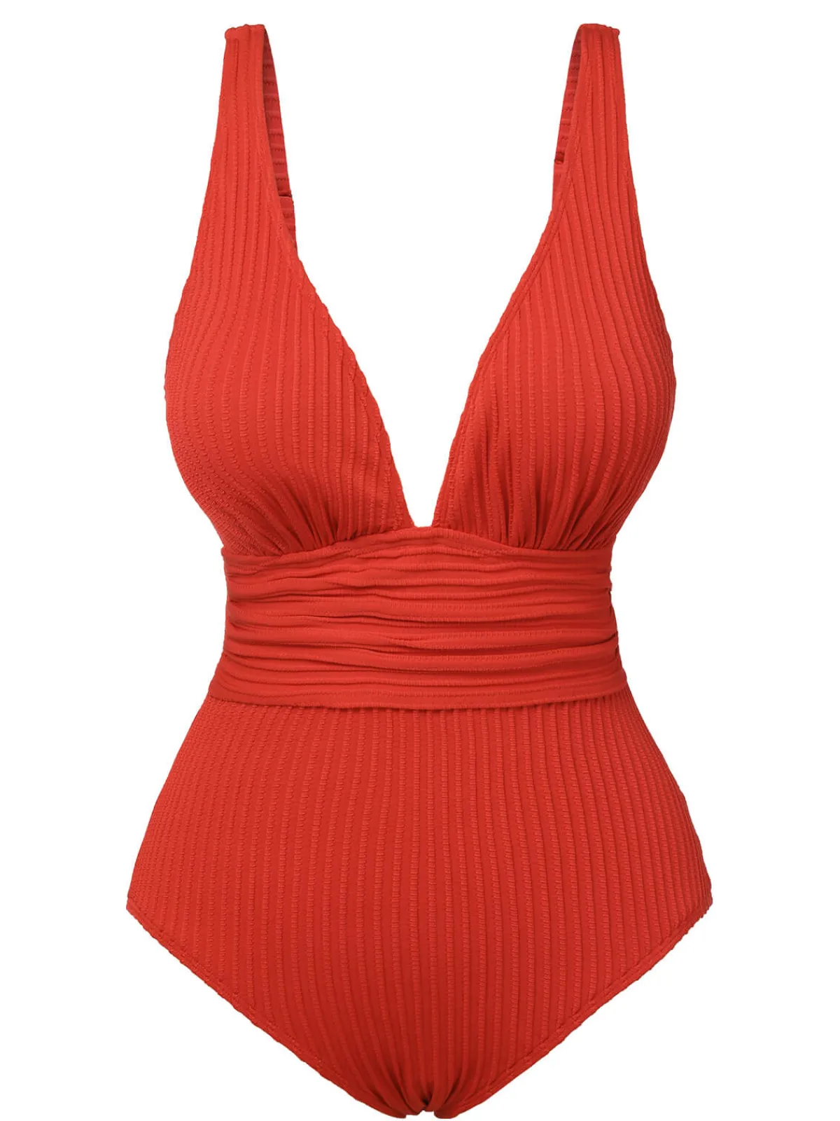 Sale Retro Stage 1950s Solid Deep V One-Piece Swimsuit Red