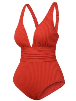 Sale Retro Stage 1950s Solid Deep V One-Piece Swimsuit Red