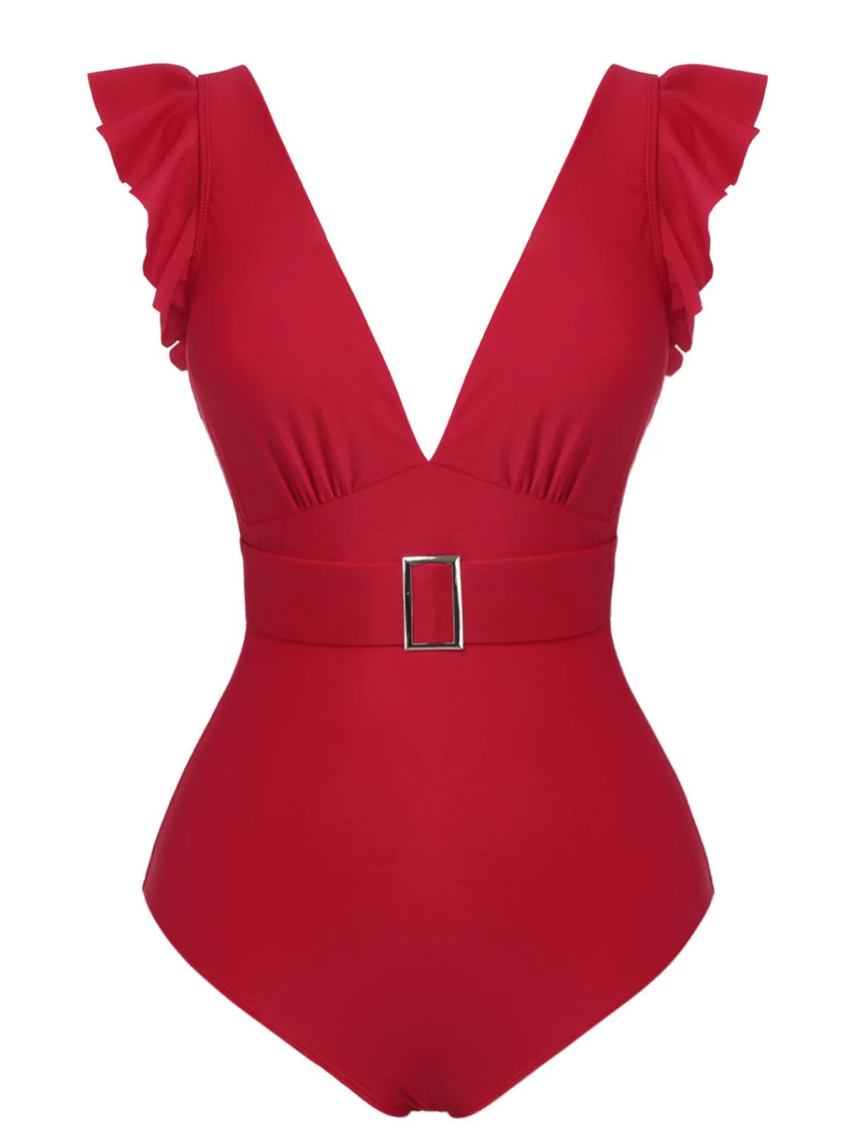 Hot Retro Stage 1950s Solid Deep V-Neck Belt Swimsuit Red