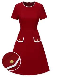 Fashion Retro Stage Red 1960s Solid Faux Pocket Dress True Red