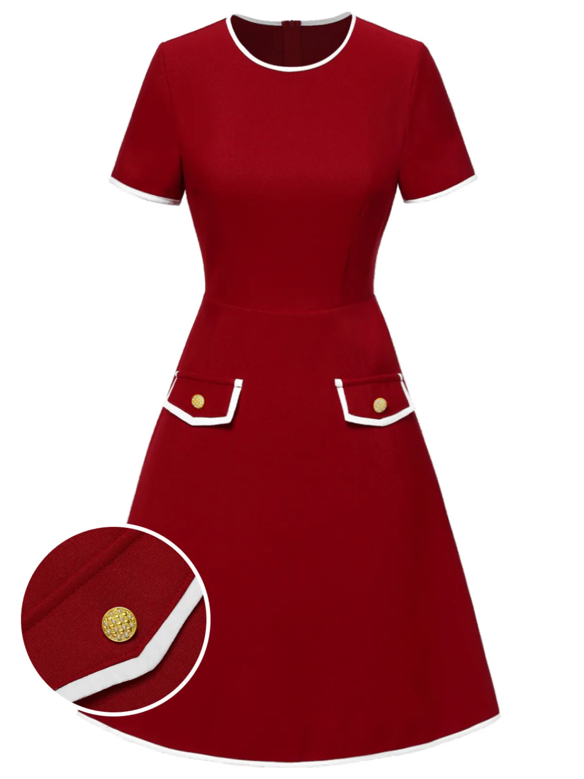 Fashion Retro Stage Red 1960s Solid Faux Pocket Dress True Red