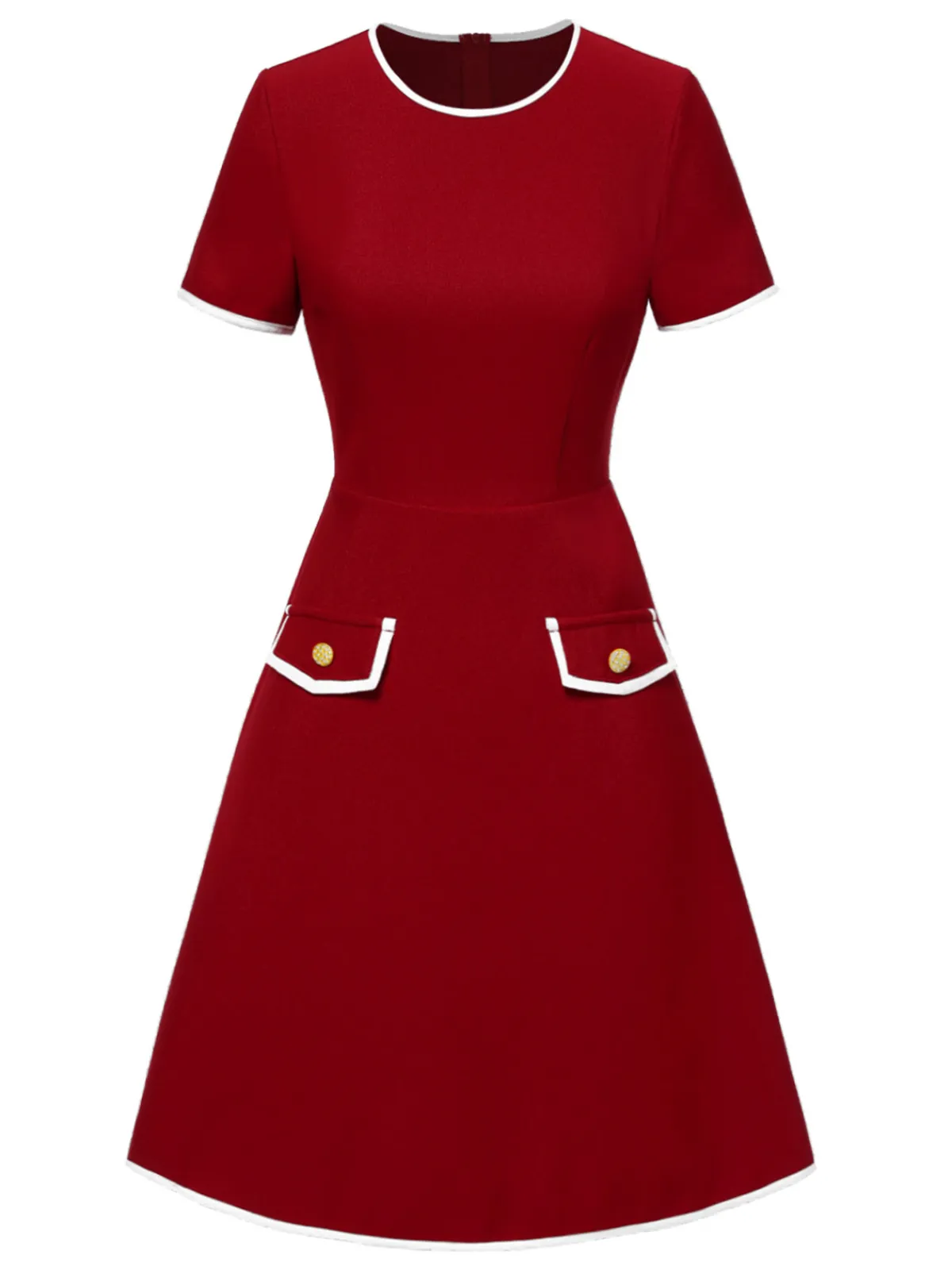 Fashion Retro Stage Red 1960s Solid Faux Pocket Dress True Red
