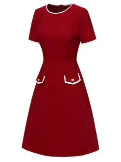 Fashion Retro Stage Red 1960s Solid Faux Pocket Dress True Red