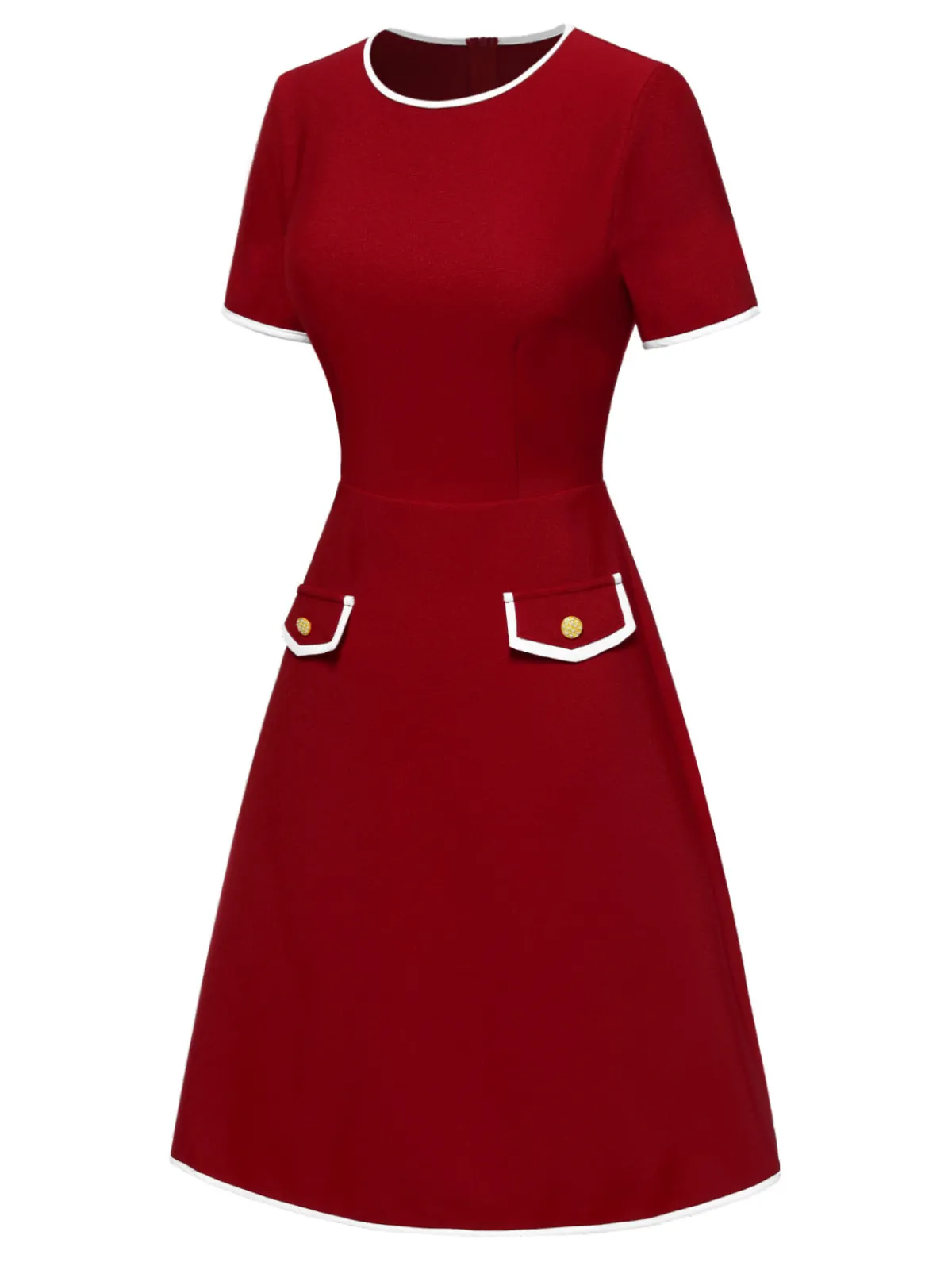 Fashion Retro Stage Red 1960s Solid Faux Pocket Dress True Red
