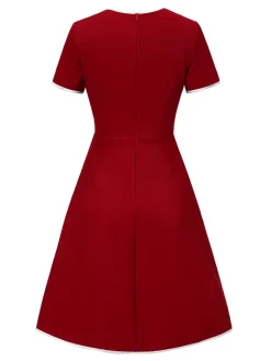 Fashion Retro Stage Red 1960s Solid Faux Pocket Dress True Red