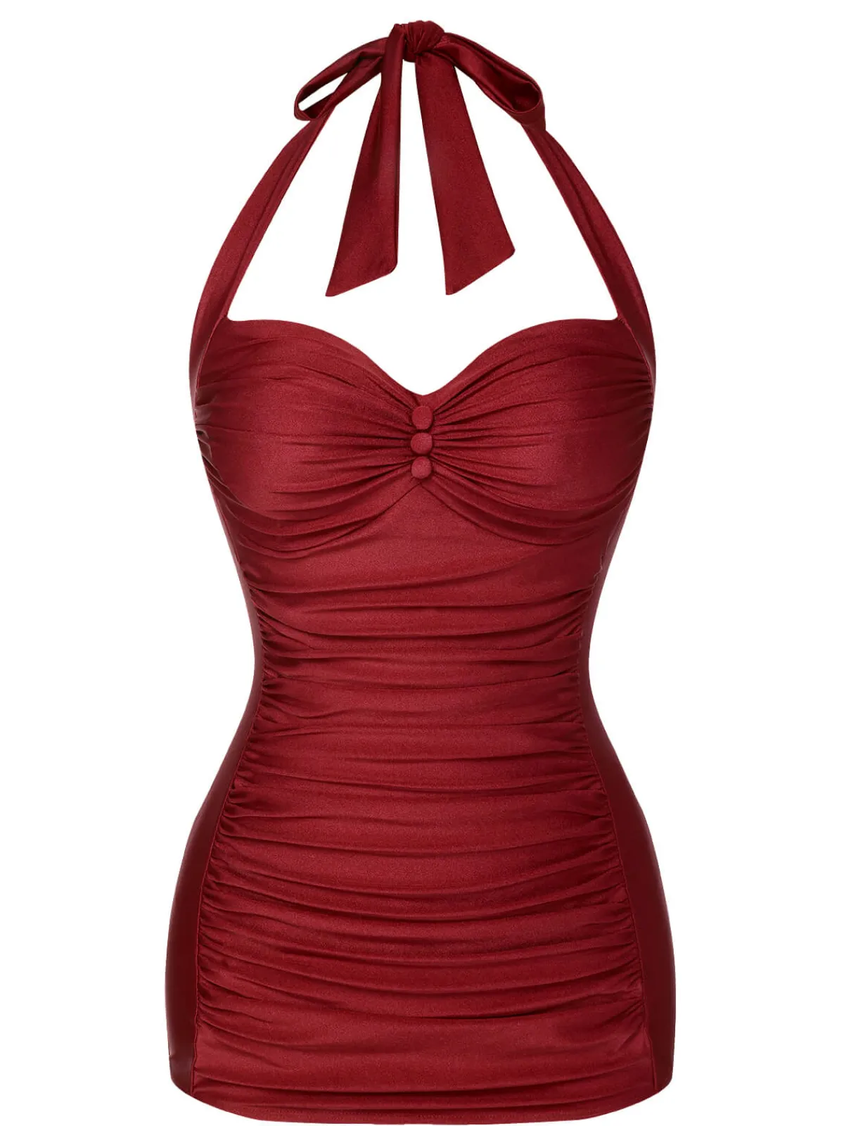 Clearance Retro Stage Red 1950s Solid Gathered Halter Swimsuit