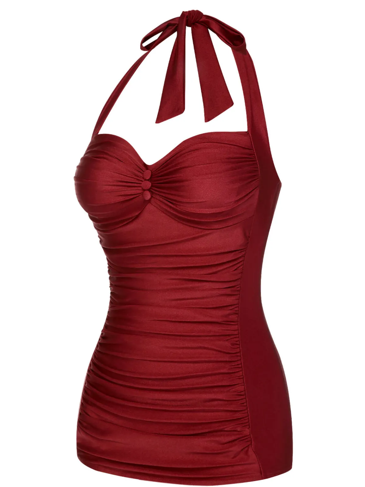 Clearance Retro Stage Red 1950s Solid Gathered Halter Swimsuit