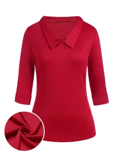 Clearance Retro Stage 1940s Solid Half Sleeves Lapel Top Red