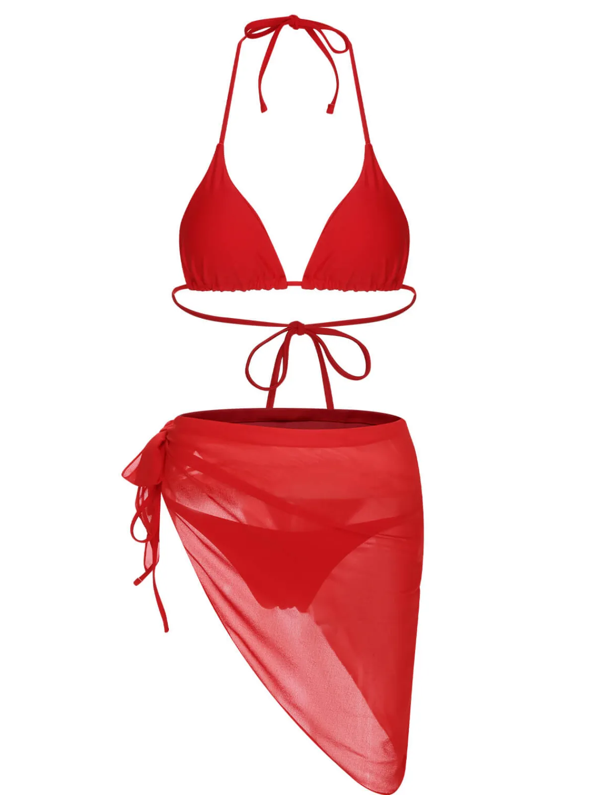 Fashion Retro Stage 1950s Solid Halter Bikini Set & Cover-Up Red