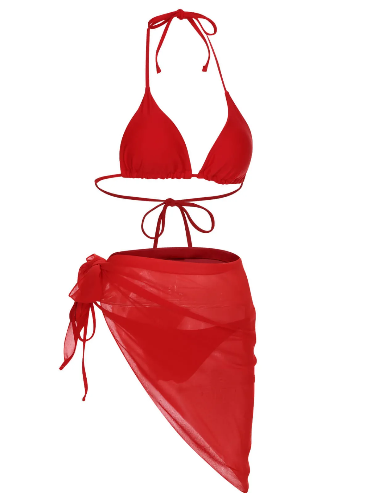 Fashion Retro Stage 1950s Solid Halter Bikini Set & Cover-Up Red