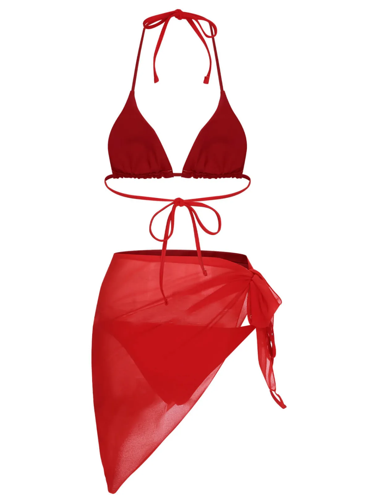 Fashion Retro Stage 1950s Solid Halter Bikini Set & Cover-Up Red