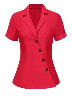 Fashion Retro Stage 1940s Solid Lapel Button-Down Blouse Red