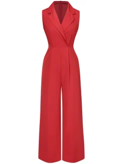 New Retro Stage 1930s Solid Lapel Wide Leg Jumpsuit Red