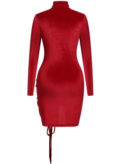 Online Retro Stage 1970s Solid Long Sleeves Velvet Dress Red