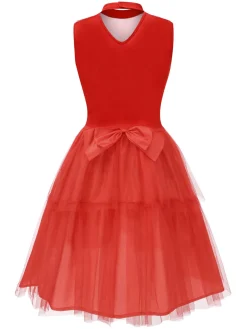 New Retro Stage 1950s Solid Mesh Bow Translucent V-Neck Dress Red