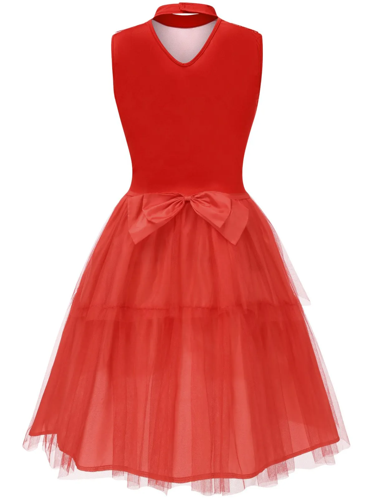 New Retro Stage 1950s Solid Mesh Bow Translucent V-Neck Dress Red