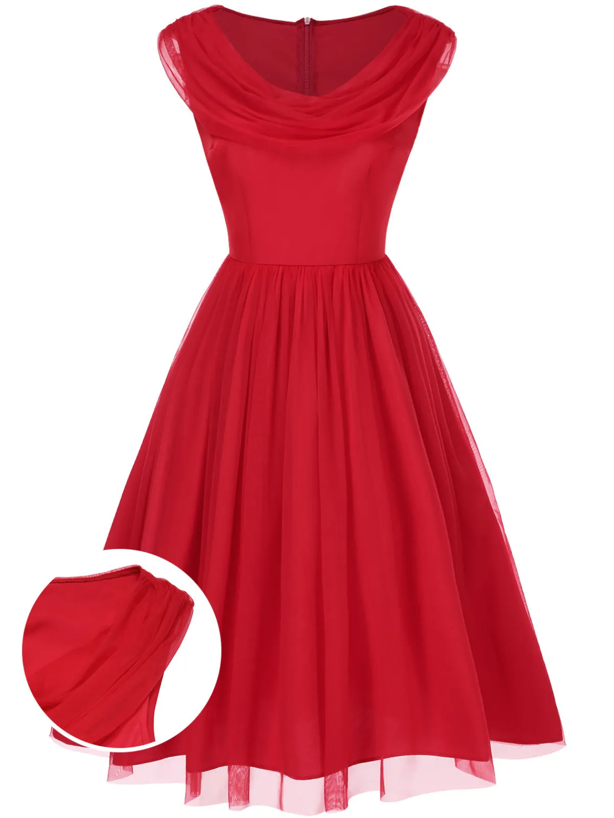 New Retro Stage 1950s Solid Mesh Laye Cowl Neck Dress Red