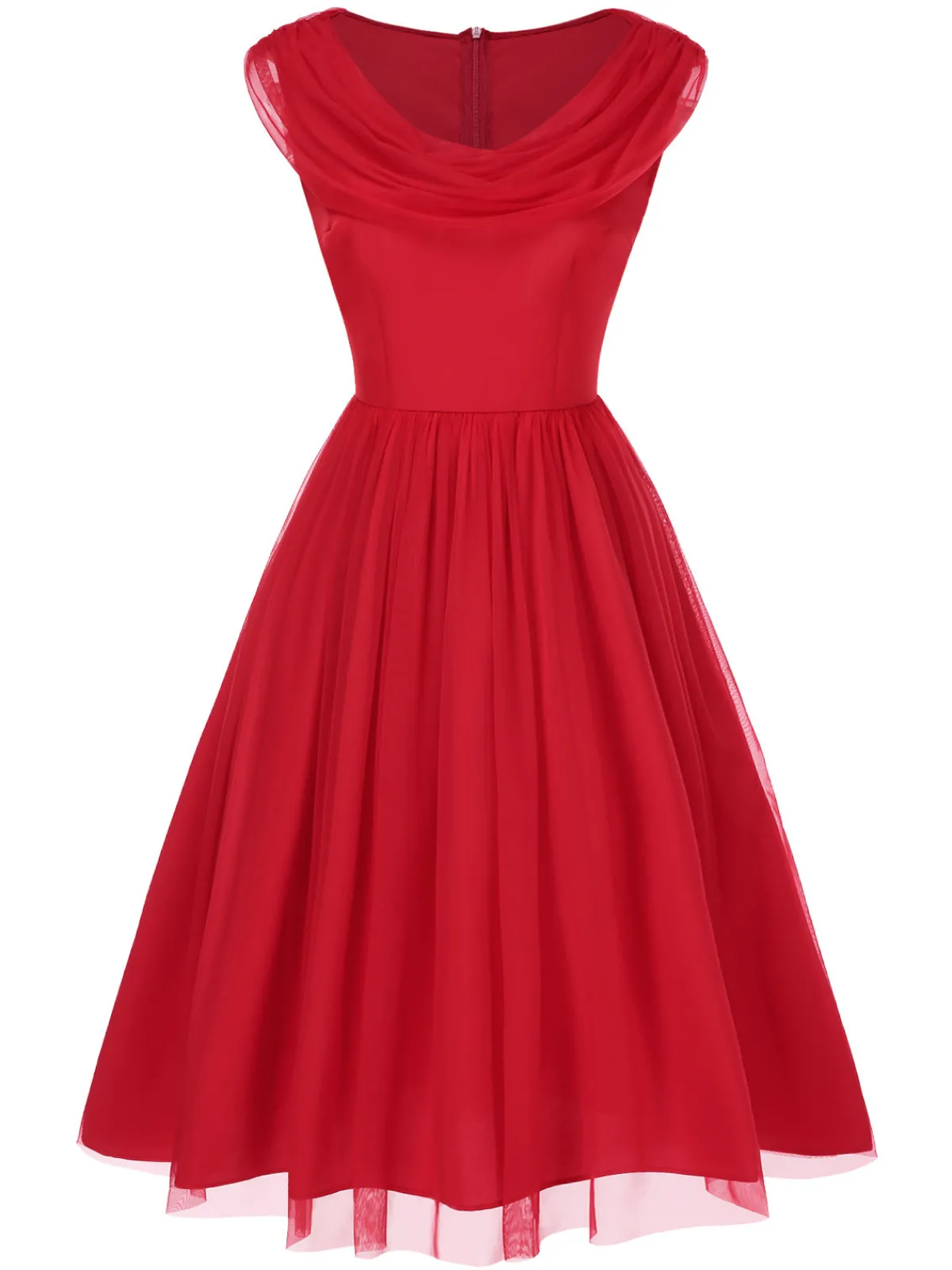 New Retro Stage 1950s Solid Mesh Laye Cowl Neck Dress Red