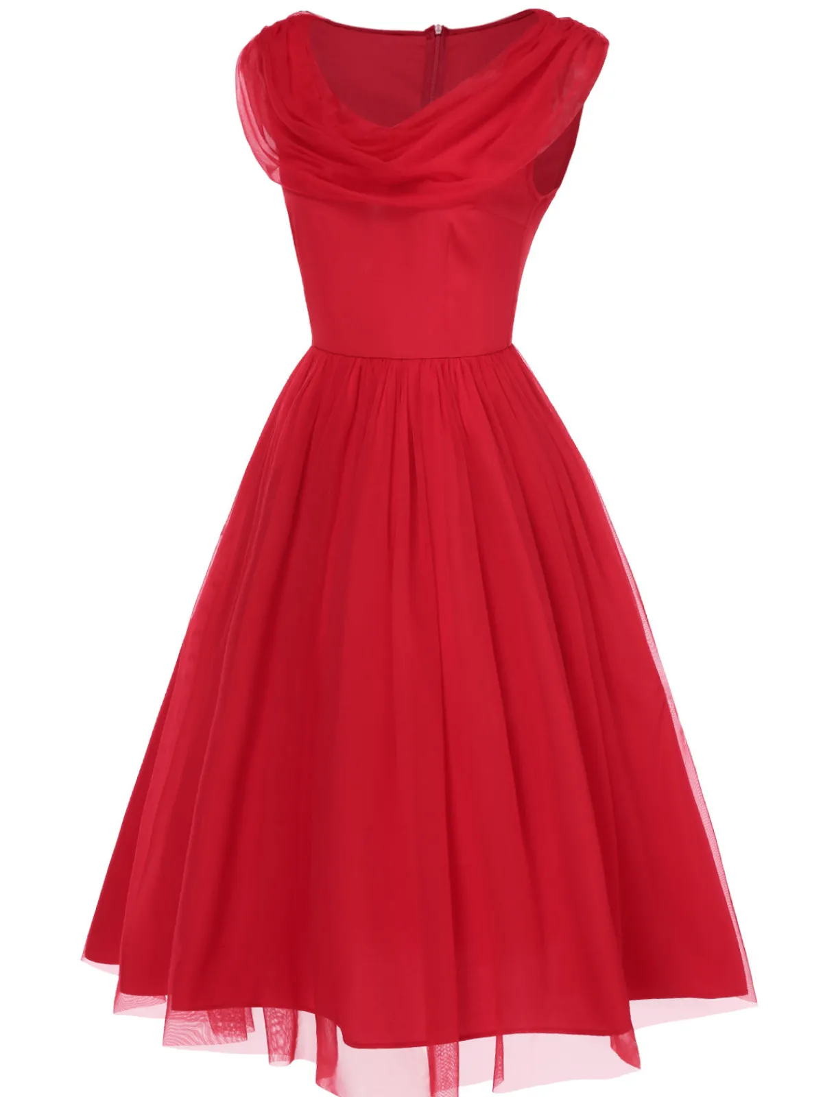 New Retro Stage 1950s Solid Mesh Laye Cowl Neck Dress Red