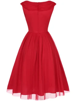 New Retro Stage 1950s Solid Mesh Laye Cowl Neck Dress Red