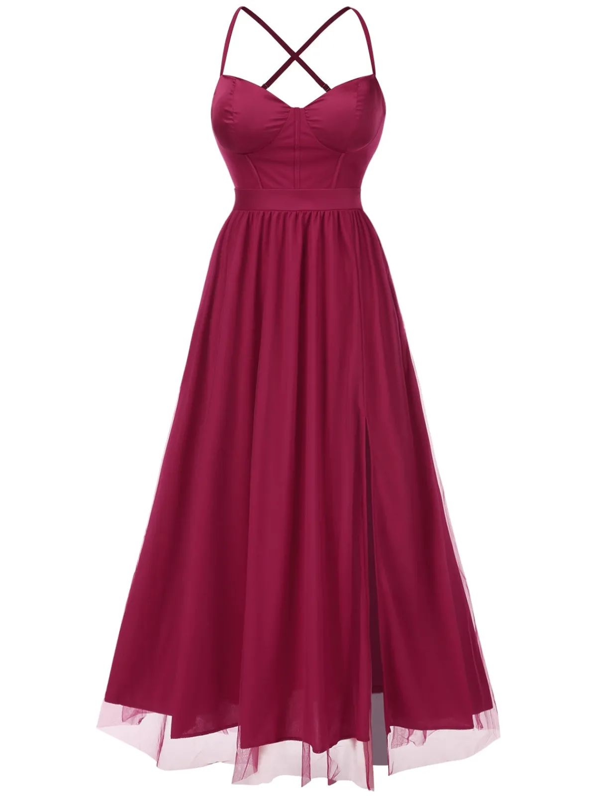 Sale Retro Stage 1930s Solid Mesh Spaghetti Straps Evening Dress Red