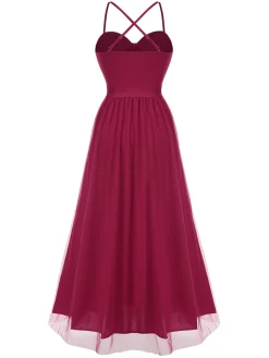 Sale Retro Stage 1930s Solid Mesh Spaghetti Straps Evening Dress Red