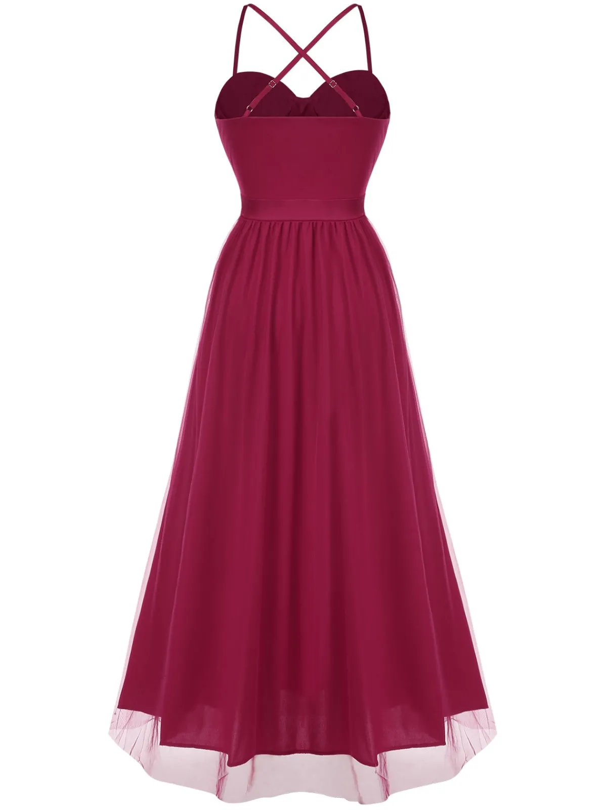 Sale Retro Stage 1930s Solid Mesh Spaghetti Straps Evening Dress Red