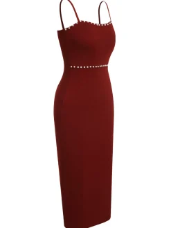 New Retro Stage Red 1960s Solid Pearl Knitted Sling Dress