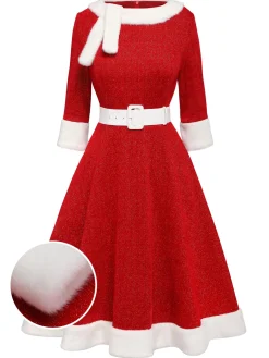 Online Retro Stage 1950s Solid Plush Christmas Dress Red