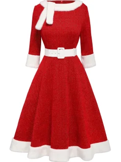 Online Retro Stage 1950s Solid Plush Christmas Dress Red
