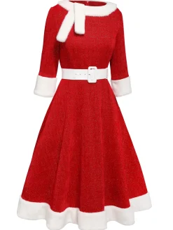 Online Retro Stage 1950s Solid Plush Christmas Dress Red