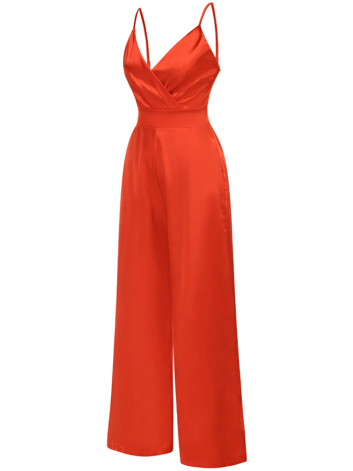 New Retro Stage 1940s Solid Satin V-Neck Spaghetti Straps Jumpsuit Red