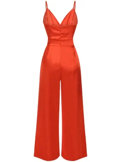 New Retro Stage 1940s Solid Satin V-Neck Spaghetti Straps Jumpsuit Red