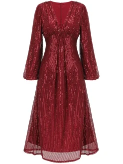 Fashion Retro Stage 1930s Solid Sequined V-Neck Shift Dress Red