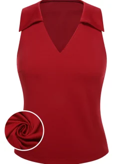 New Retro Stage 1940s Solid Sleeveless Lapel Top Red
