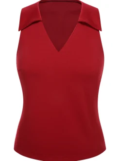 New Retro Stage 1940s Solid Sleeveless Lapel Top Red