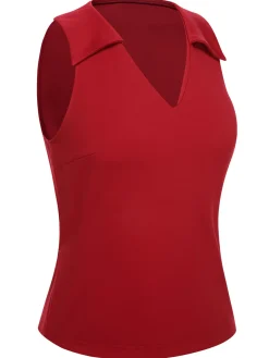 New Retro Stage 1940s Solid Sleeveless Lapel Top Red