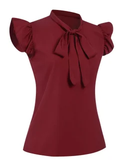 New Retro Stage Red 1940s Solid Tie-Neck Ruffle Sleeve Blouse Wine Red
