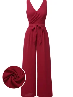 Outlet Retro Stage Red 1930s Solid Wasit Tie V-Neck Jumpsuit Wine Red