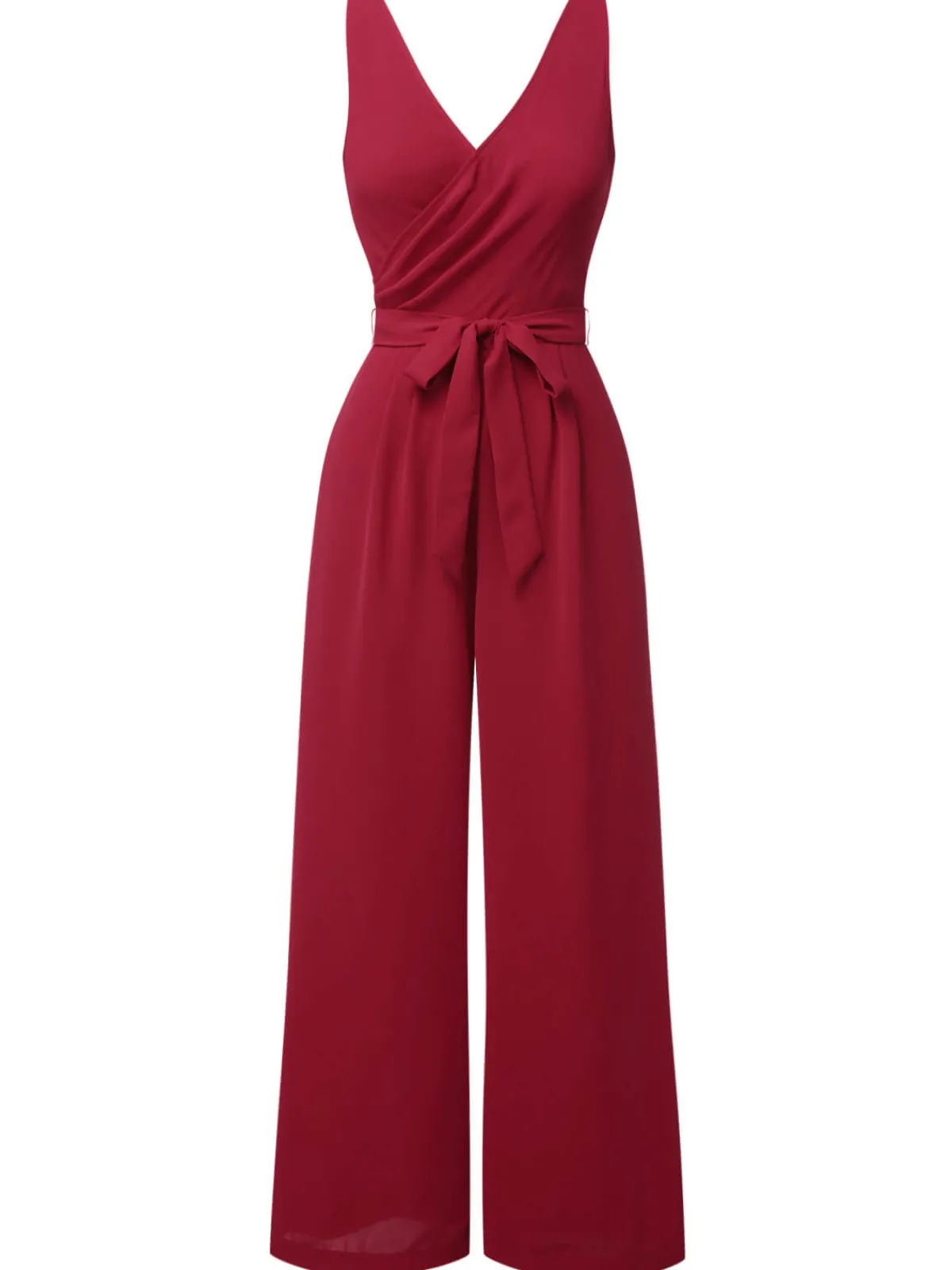 Outlet Retro Stage Red 1930s Solid Wasit Tie V-Neck Jumpsuit Wine Red
