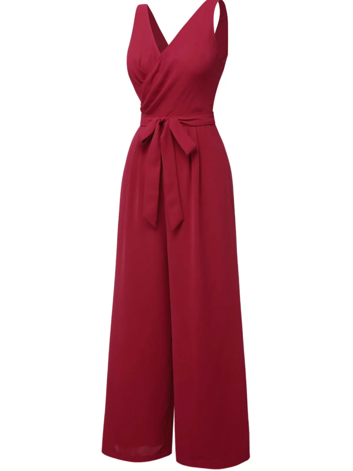 Outlet Retro Stage Red 1930s Solid Wasit Tie V-Neck Jumpsuit Wine Red