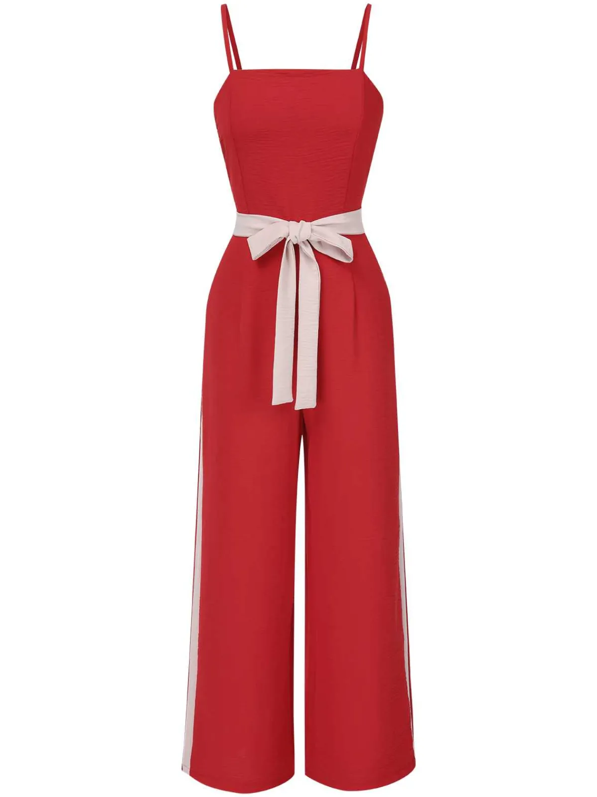 Outlet Retro Stage 1970s Spaghetti Strap Belted Stripe Jumpsuit Red