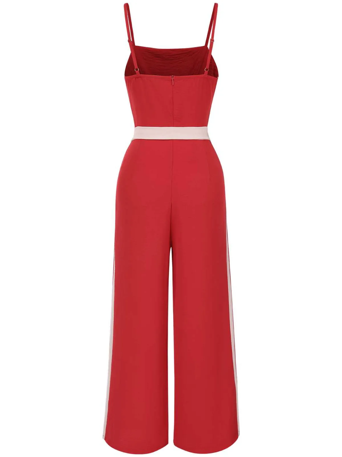 Outlet Retro Stage 1970s Spaghetti Strap Belted Stripe Jumpsuit Red