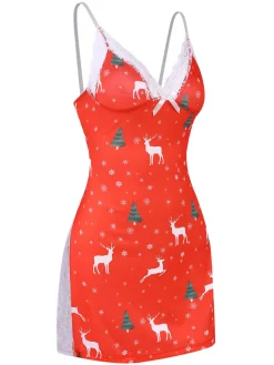 Clearance Retro Stage 1970s Spaghetti Strap Christmas Print Nightgown Red