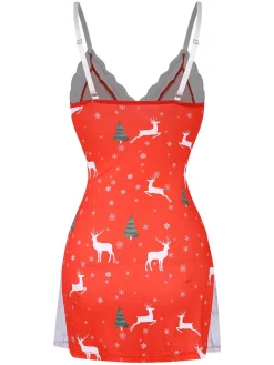 Clearance Retro Stage 1970s Spaghetti Strap Christmas Print Nightgown Red