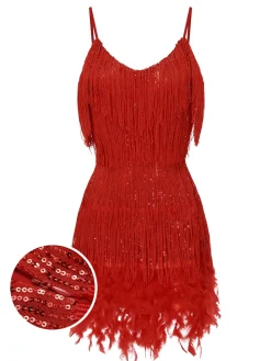 Discount Retro Stage 1920s Spaghetti Strap Feather Fringe Dress Red