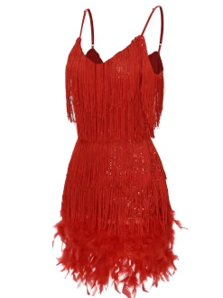 Discount Retro Stage 1920s Spaghetti Strap Feather Fringe Dress Red