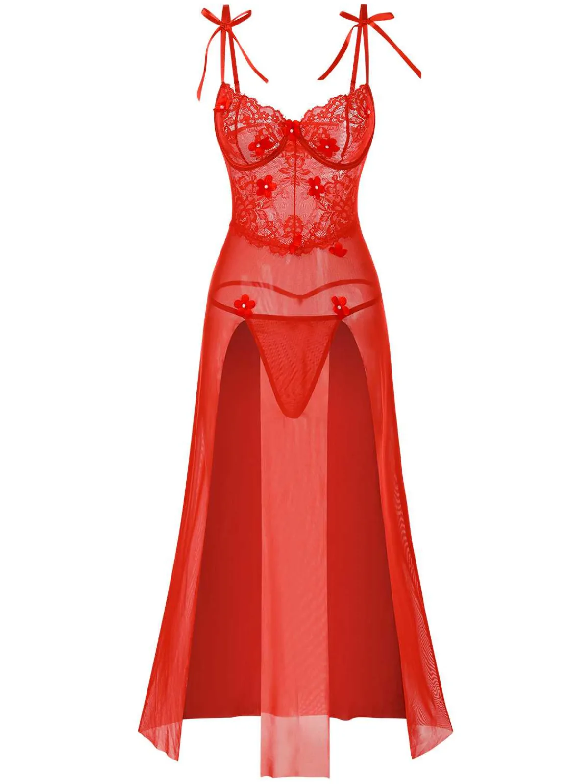 New Retro Stage 1950s Spaghetti Strap Lace 3D Flower Nightgown Red